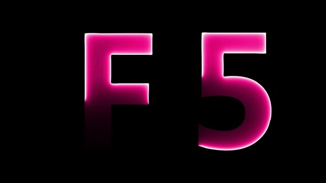 Glowing neon letter F 5 , glowing neon font,F 5 alphabet symbol . Seamless looping alphabet animation on black background.