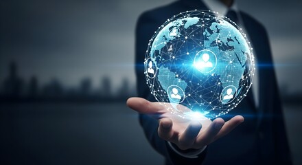 a glowing Earth surrounded by icons of modern technology, with the central message of "Digital Transformation," suggesting a comprehensive and global approach to modernizing business processes and emb