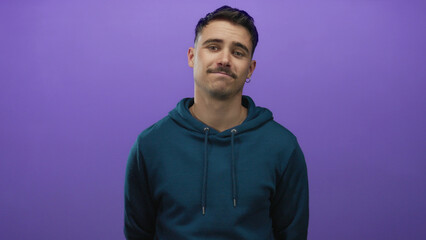 Young man wearing hoodie standing against a vibrant purple background with a confident expression, showcasing casual fashion and modern style appeal.