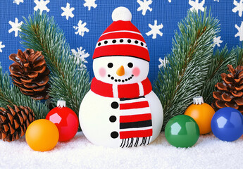 Cute illustration of a colorful snowman with Christmas decorations and pine cone.