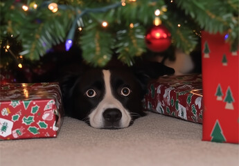 A border collie with big eyes lying under a Christmas tree.