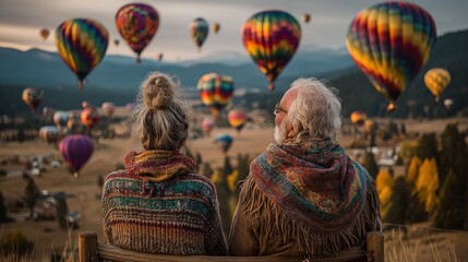 Couple watching a breathtaking hot air balloon festival in a scenic landscape