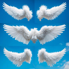 Fototapeta premium White feathered angel wings on blue sky background 