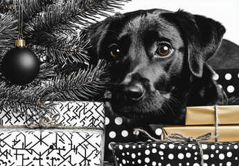 Illustration of a black labrador retriever dog with a Christmas tree and presents. 