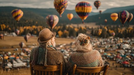 Couple watches hot air balloons soar over a vast autumnal landscape