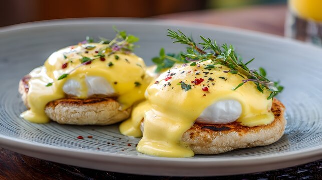 Delicious Eggs Benedict Poached Eggs Benny: Gourmet Breakfast Plate with Creamy Sauce, Fresh Herbs & Savory English Muffins - Traditional Holiday Brunch Favorite