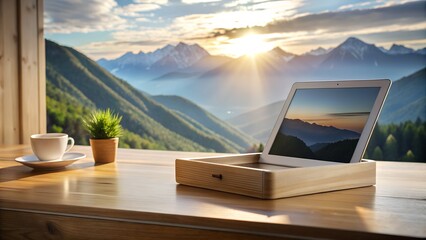 Laptop with mountain view, coffee and plant on wooden desk in the morning