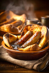 Hearty Steaming Toad in the Hole with Golden Yorkshire Pudding