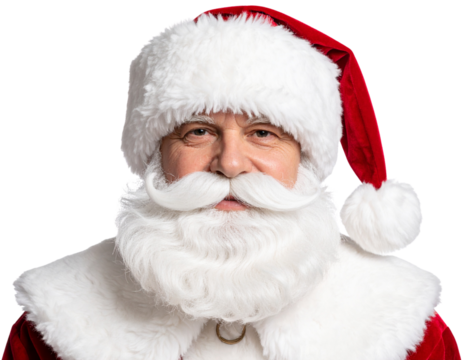 Smiling Santa Claus face with rosy cheeks, fluffy white beard, and red hat isolated on transparent background PNG.jpg