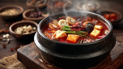 A Korean-style hot pot filled with spicy red broth, tofu, seafood, and vegetables, steaming in a traditional setting.