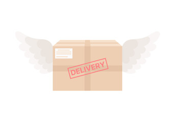 Cardboard delivery box with red stamp and wings, isolated on white background. Flat vector illustration