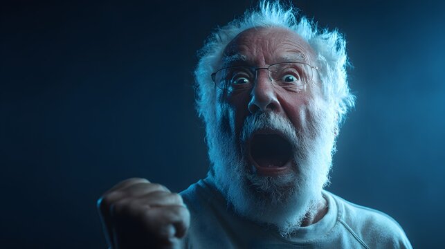 Elderly Man Shouting: Intense Angry Expression Portrait &ndash; Emotional Photography with Dramatic Lighting, Close-up on Gray Hair and Beard, Capturing Senior&rsquo;s Frustration and Excitement