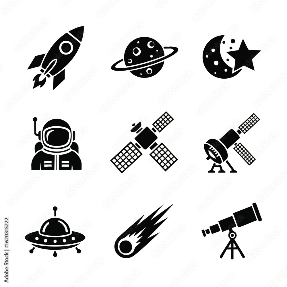 Poster vector illustration of space, rocket, planet with additional visual elements in a modern design
