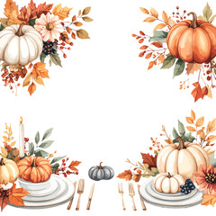 Elegant watercolor frame of autumn harvest elements, featuring pumpkins, fall leaves, flowers, and festive table settings.