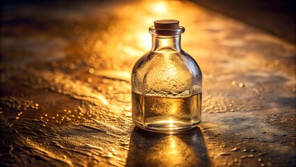 Small glass bottle with liquid on wet surface with golden light reflection