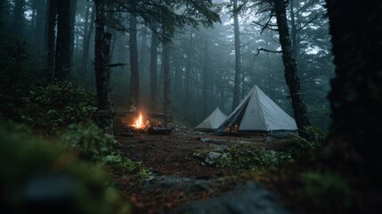 A minimalist camping setup with a single tent and a small fire in the middle of a dense forest.