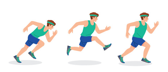 A male athlete character, vector illustration with running, sprint and jump actions. Perfect for fitness, sport, marathon, competition and health concepts.