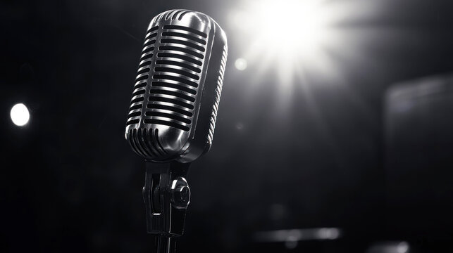 A vintage microphone on a stage with a spotlight shining behind it.