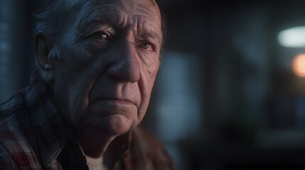 Fototapeta premium Elderly Man Close-Up: Emotional Expression, Indoor Lighting, Contemplative Mood in Warm Tones - Intimate Portrait with Gray Hair and Wrinkles, Reflective Senior Moment