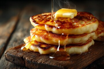 Delicious stack of fluffy pancakes with melting butter and syrup on a rustic wooden board