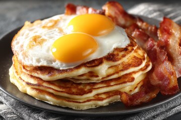 Delicious breakfast plate featuring fluffy pancakes topped with sunny side up eggs and crispy bacon on a dark surface