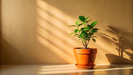 A small potted plant sits on a table with sunlight and shadows