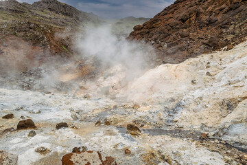 Geothermal Steam Rising from Volcanic Landscape in Iceland
