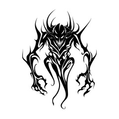 Fototapeta premium A menacing tribal demon monster with sharp claws and horns, a dark fantasy vector svg illustration for tattoo design.