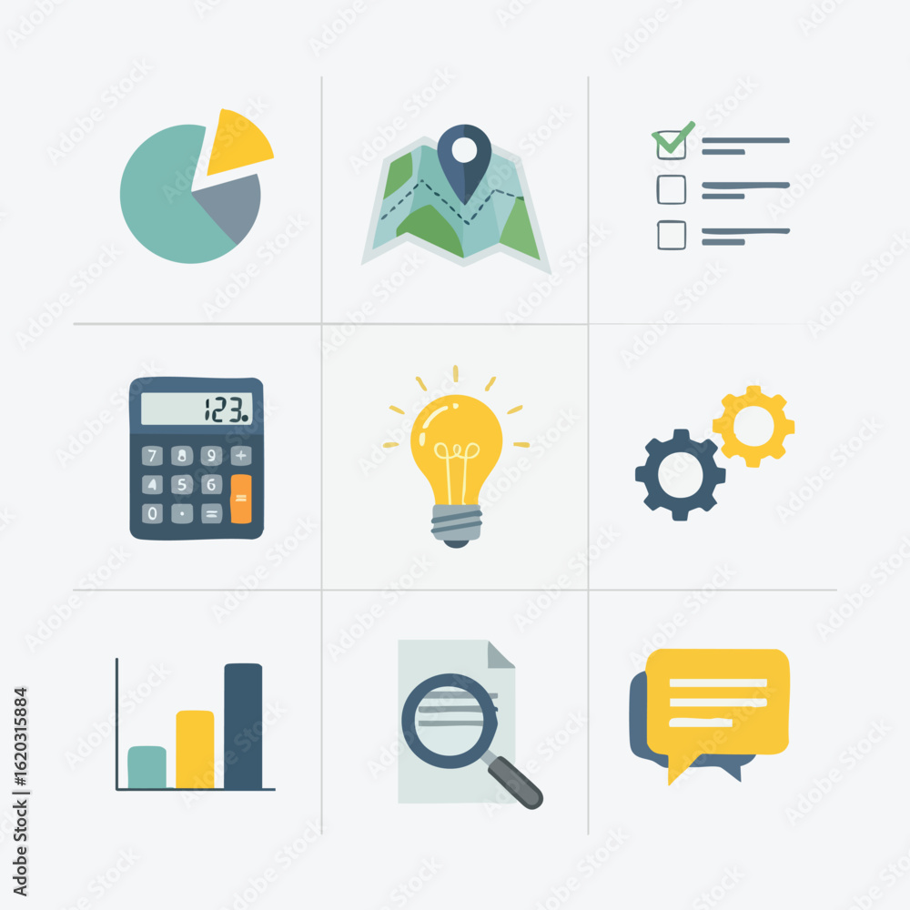 Poster vector illustration of business, technology, icons with additional visual elements in a modern desig