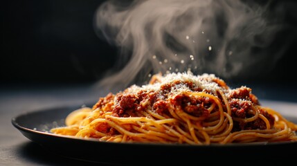 A plate of freshly cooked spaghetti bolognese, with hot steam rising and parmesan cheese sprinkled on top.