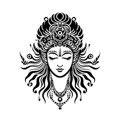 Serene face of a Hindu goddess in meditation, an ornate spiritual vector illustration for cultural and religious art.
