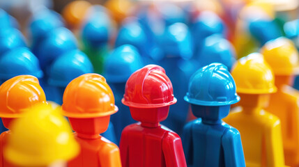 A group of colorful plastic toy figures wearing hard hats, standing in a row. The figures are in various colors including red, blue, yellow, and orange.