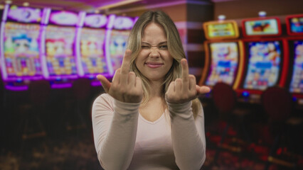 Blonde woman raises both middle fingers in front of colorful slot machines in casino; defiance...