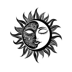 Fototapeta premium Mystical vector illustration of a combined sun and moon face with intricate bohemian patterns, symbolizing duality.