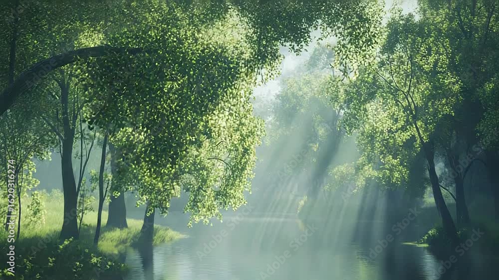 Poster sunbeams filtering through trees over tranquil river at dawn
