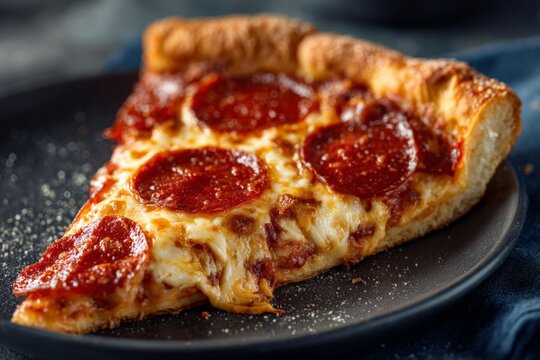 Delicious slice of pepperoni pizza served on a black plate during a casual dining setting