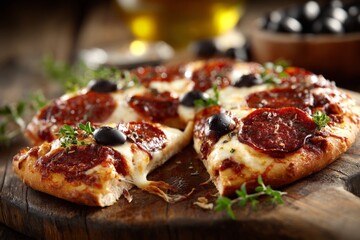 Delicious pepperoni pizza with melted cheese and olives on a wooden board, perfect for sharing at a casual gathering