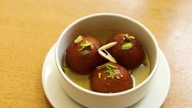 Gulab jamun or kala jaam an indian fried dessert dipped in sugar syrup