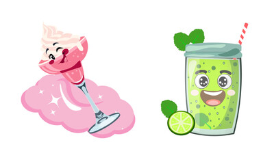 Healthy and unhealthy food concept illustration. Green detox smoothie with mint and lime and pink sweet milkshake with whipped cream. Vector illustration