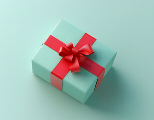 Obraz premium Green gift box with red ribbon on pastel background. Minimal top view layout perfect for celebration design, festive branding, or product presentation.