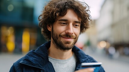 Shopping with a Smile: A man holds a credit card, a picture of modern convenience, while looking at his cell phone, displaying the joy of effortless transactions.