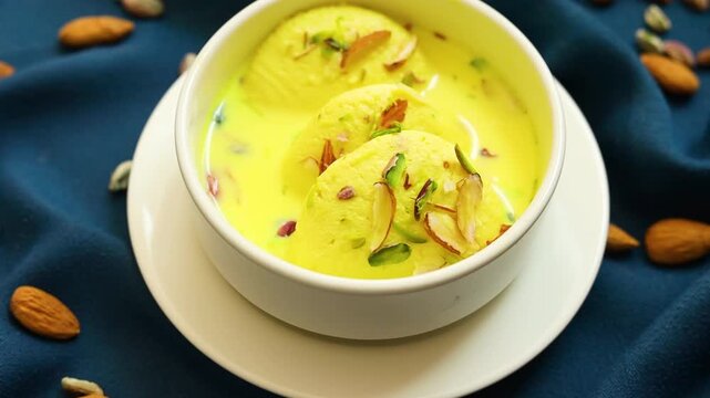 Ras malai an indian dessert garnished with dry fruits 