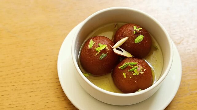 Gulab jamun or kala jaam an indian fried dessert dipped in sugar syrup