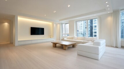 A spacious, modern minimalist living room with white walls, light wood flooring, and simple yet elegant furniture.