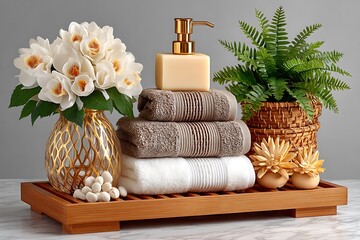Wooden tray clean towels high resolution picture