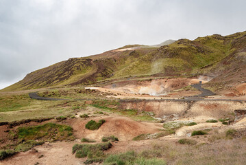 Geothermal Landscape with Steam Vents in Icelandic Highlands