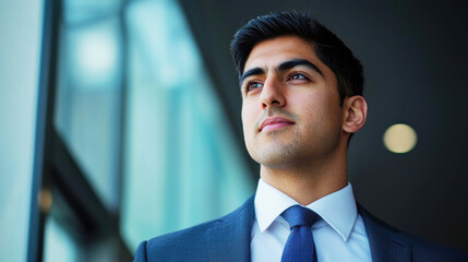 A man in a suit standing in an office building. The man is wearing a blue tie and a white shirt. He has dark hair and is looking off into the distance.