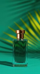 Luxury green perfume bottle with gold cap and palm leaf shadow on a teal background, elegant beauty product