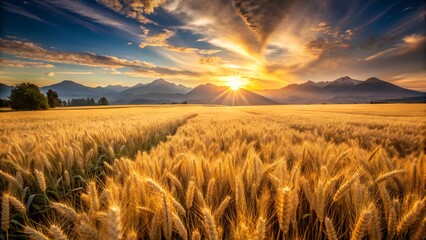 Golden wheat field at sunset with mountains in the background