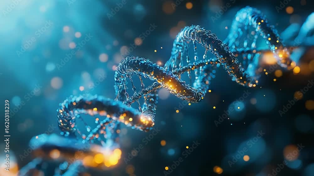 Poster dna double helix rotating in a blue environment with glowing particles